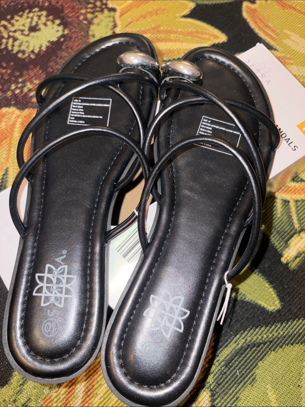 🌴Serra Women’s Black Strappy Toe-Ring Sandals with Silver Accent Size 10